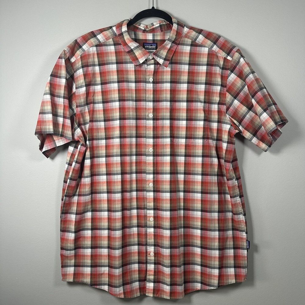 Patagonia‎ XLarge Orange Plaid Organic Cotton Short Sleeve Button Up Shirt